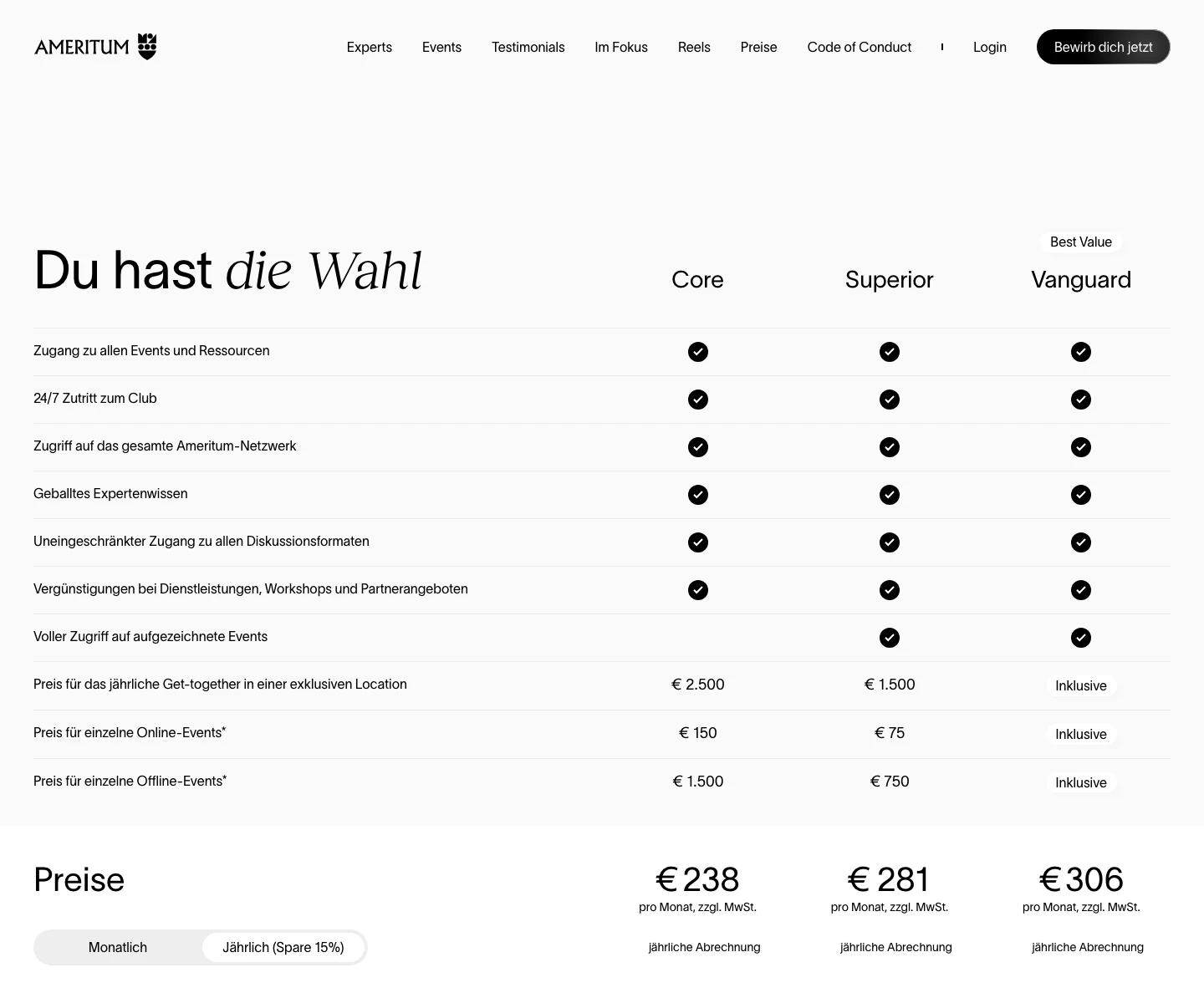 Pricing page on ameritum.com: comparison table of the Core, Superior, and Vanguard tiers with benefits and monthly prices