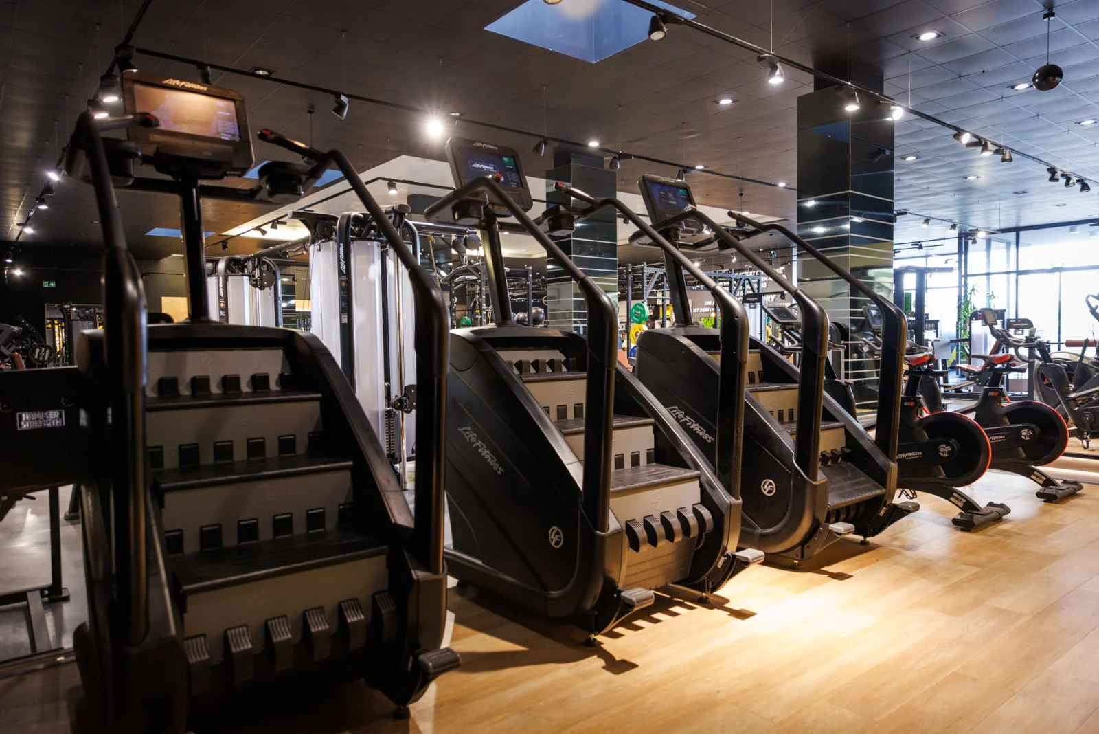 Cardio-Bereich mit Stairclimbern und Bikes in der Athletic Factory