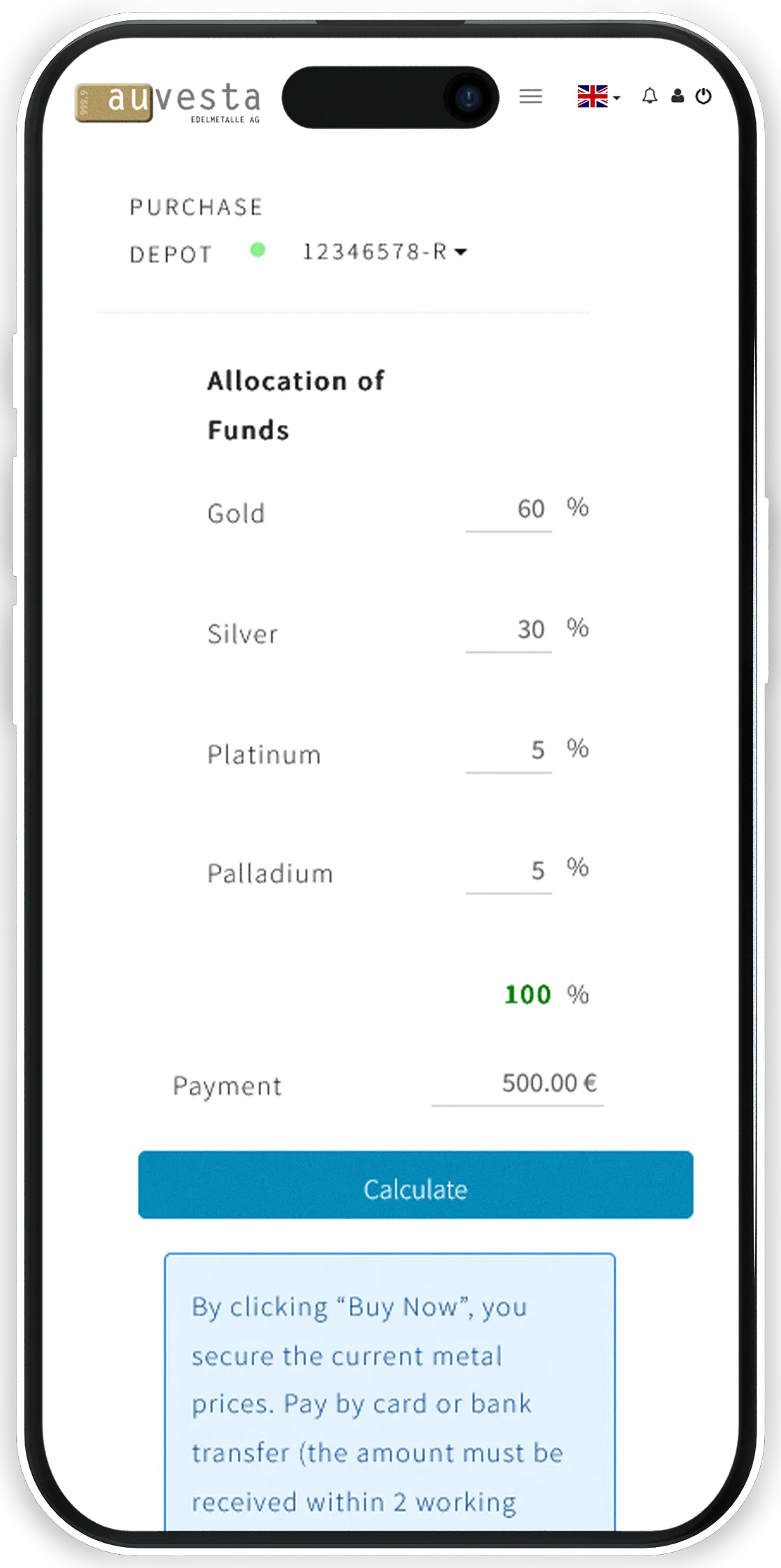 Auvesta-Depot: Kaufmaske mit prozentualer Aufteilung auf Gold, Silber, Platin und Palladium
