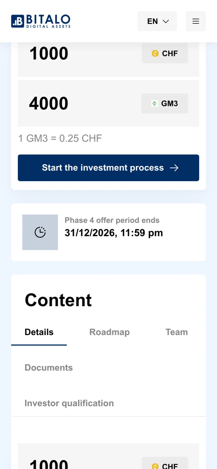 Bitalo Market investment widget in mobile view