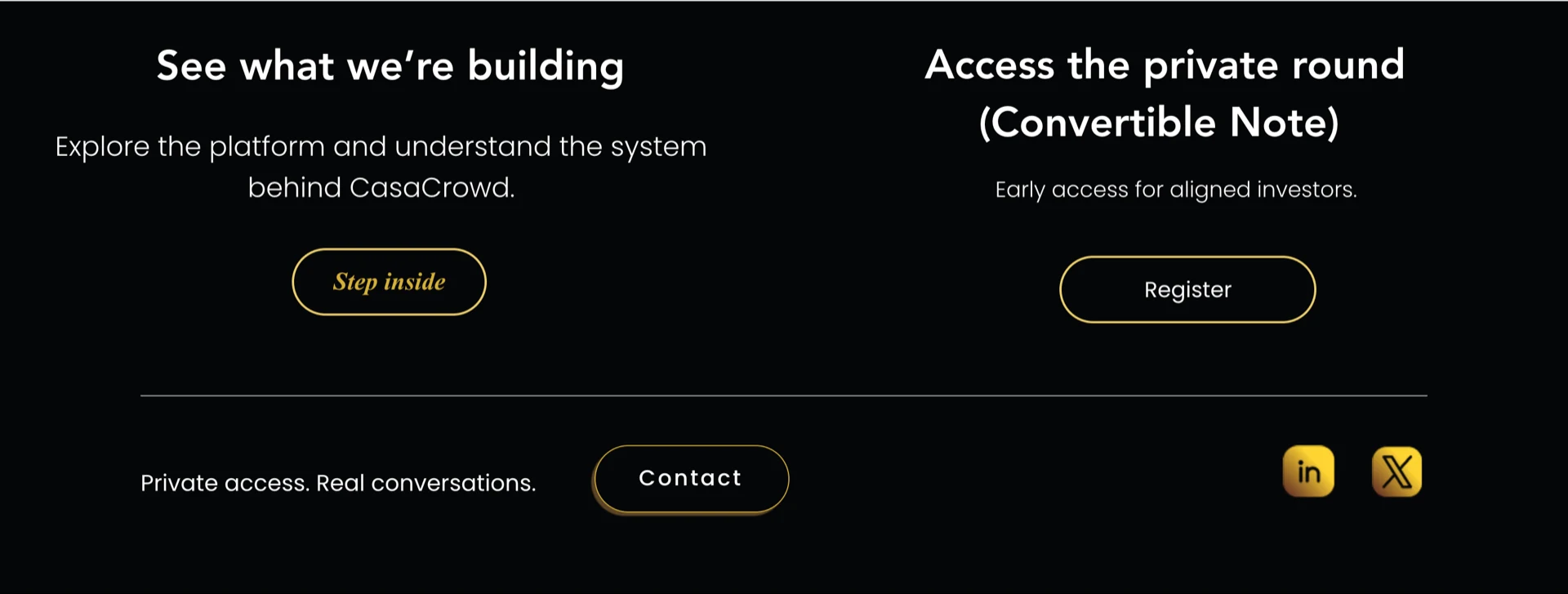CTA-Sektion auf casacrowd.com: „See what we’re building“ und „Access the private round (Convertible Note)“