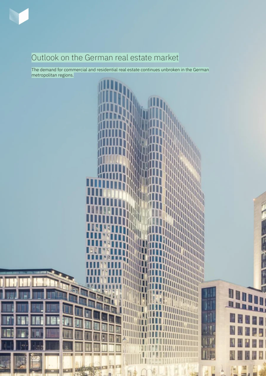 Seite aus der Fundament-Broschüre mit Hochhaus-Motiv: Ausblick auf den deutschen Immobilienmarkt