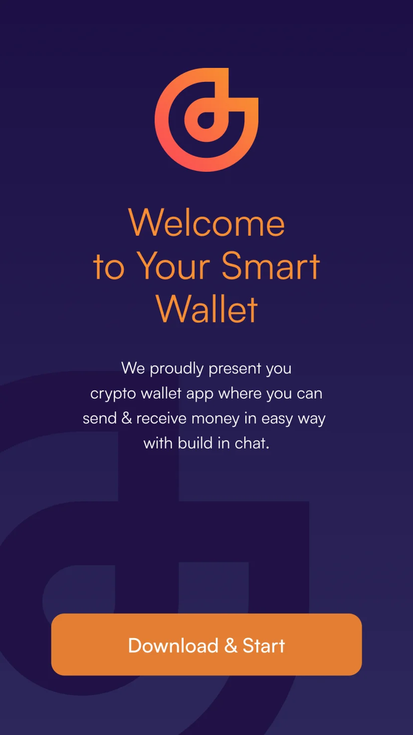 Glamster-Wallet-Onboarding: Startbildschirm „Welcome to Your Smart Wallet“ mit Glamster-Logo und Download-Button
