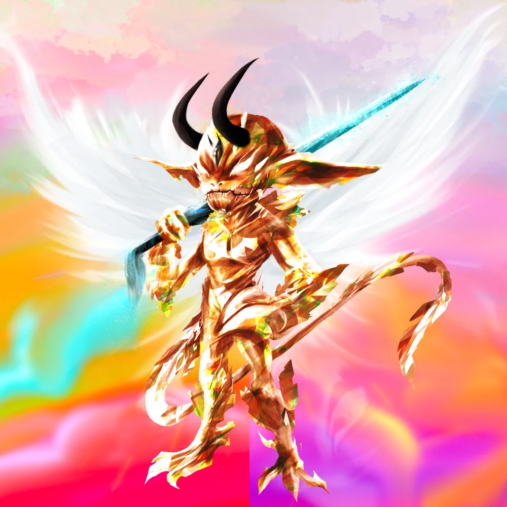 Goldener Imp mit Engelsflügeln und Klinge vor pastellfarbenem Himmel – Artwork der Kollektion