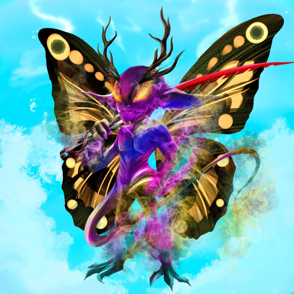 Violetter Imp mit Schmetterlingsflügeln vor blauem Himmel – Artwork der Kollektion