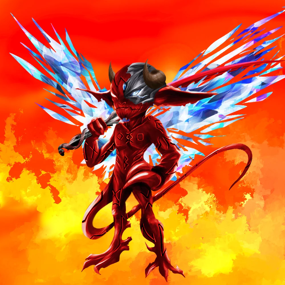 Roter Imp mit Kristallflügeln vor Feuer-Hintergrund – Artwork der Kollektion