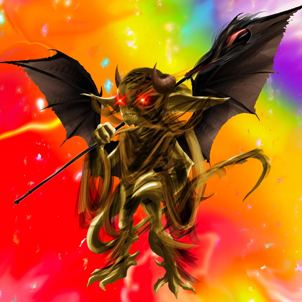 Goldbrauner Imp mit Fledermausflügeln vor Regenbogen-Hintergrund – Artwork der Kollektion
