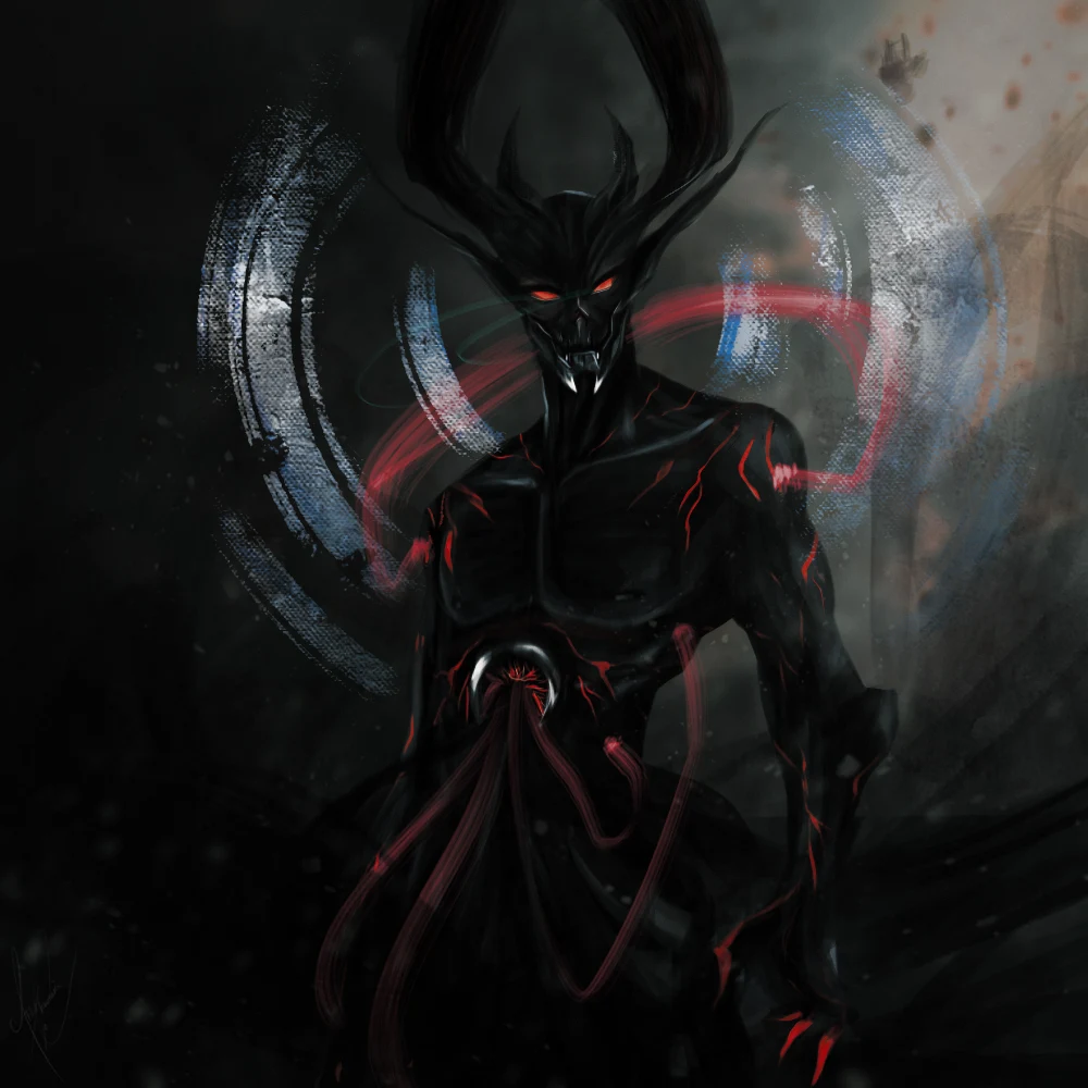 Key-Artwork der Immutable Imps: dämonische Gestalt mit glühenden Augen aus dem Hero der Projekt-Website