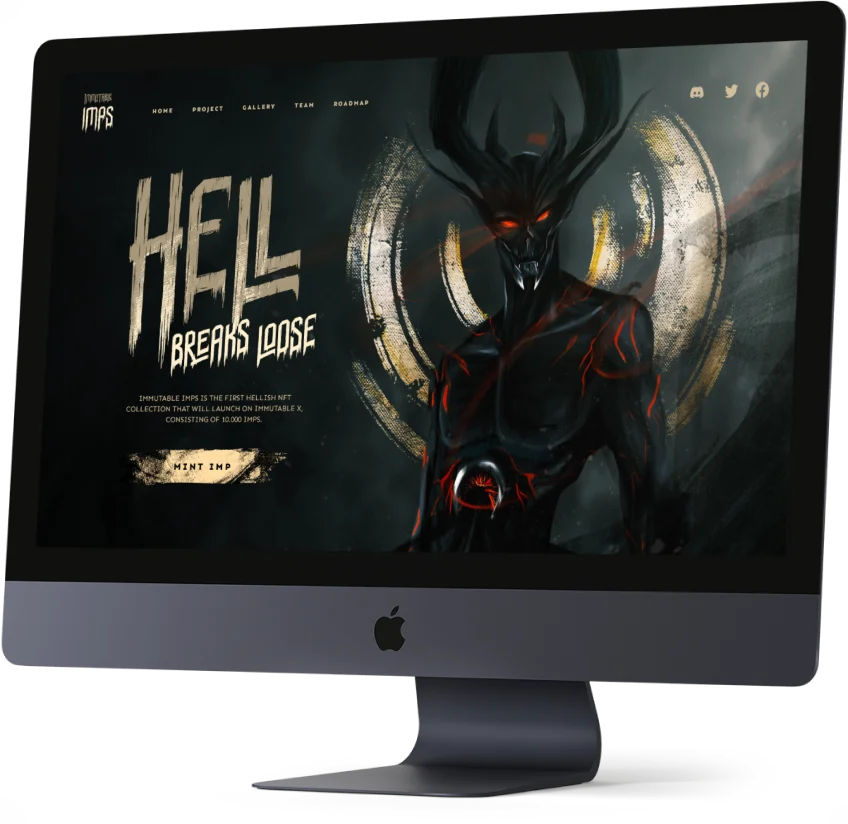 Website der Immutable-Imps-Kollektion auf einem Desktop-Monitor, Startseite mit Mint-Button