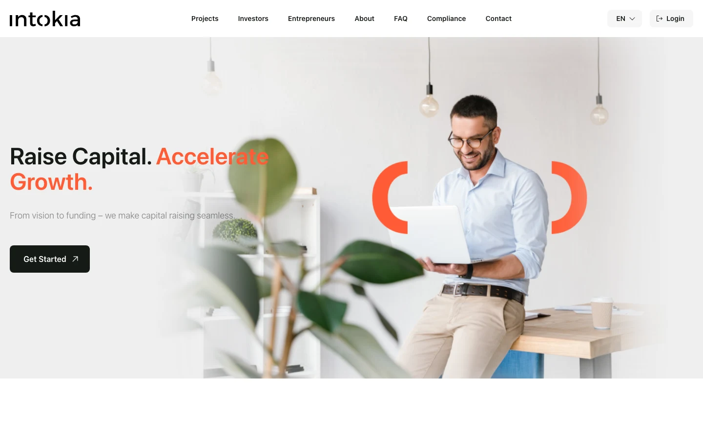 Entrepreneur-Seite auf intokia.com: „Raise Capital. Accelerate Growth.“