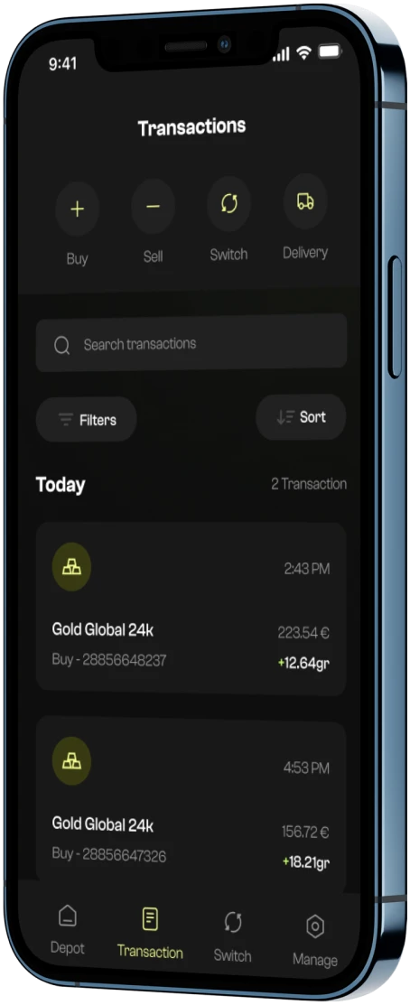 Metawyze-Transaktionsansicht: Käufe von Gold in Gramm mit Buy, Sell, Switch und Delivery