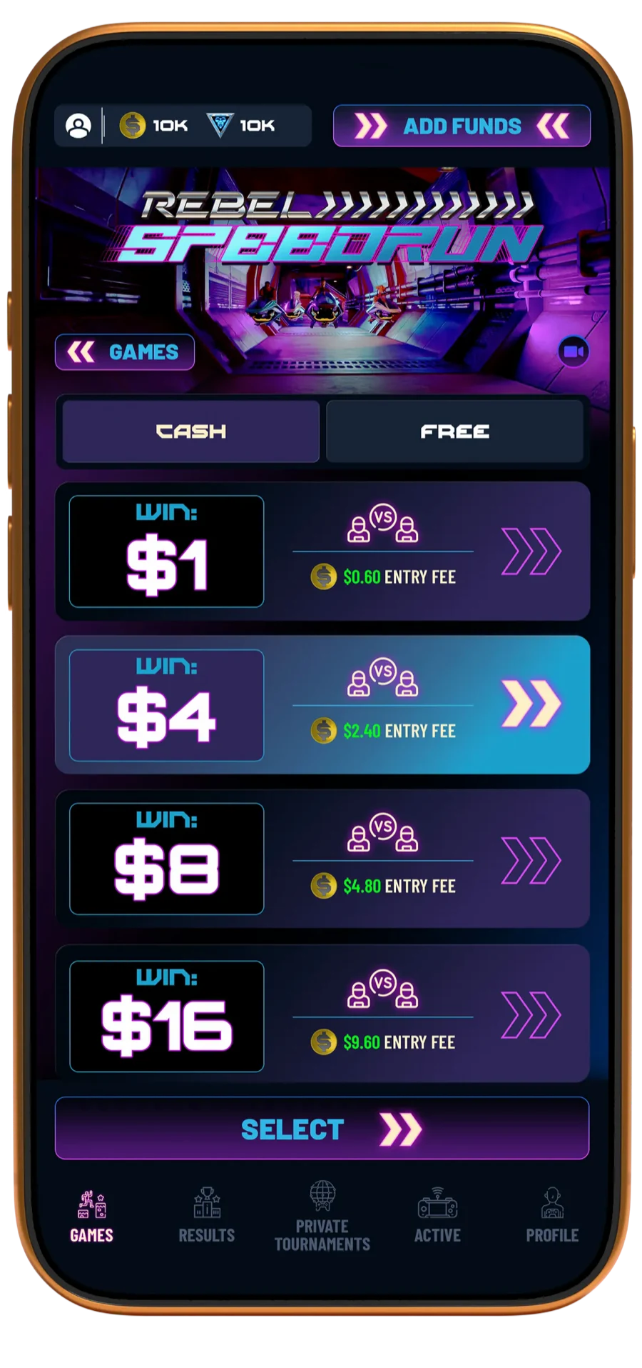 Cash-Duelle in Rebel Speedrun: Gewinnstufen von einem bis 16 Dollar mit den zugehörigen Entry Fees
