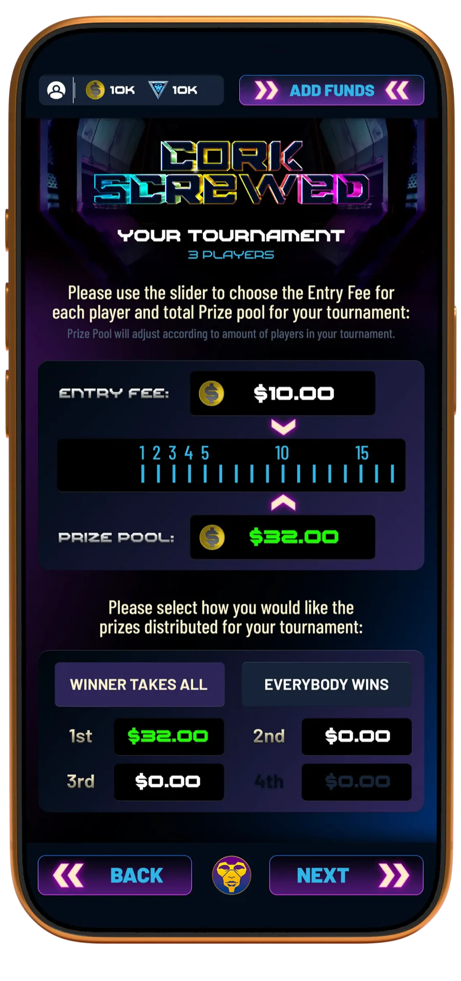 Entry-Fee- und Prize-Pool-Konfiguration in der MTgames-App
