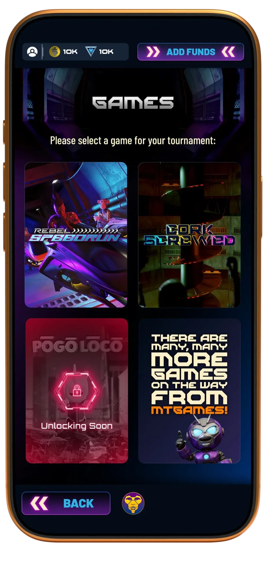 Games-Screen der MTgames-App mit Rebel Speedrun, Cork Screwed und Pogo Loco