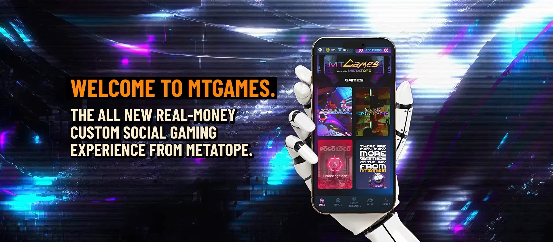 Szene aus dem MTgames-Trailer: Eine Roboterhand hält ein Smartphone mit der MTgames-App