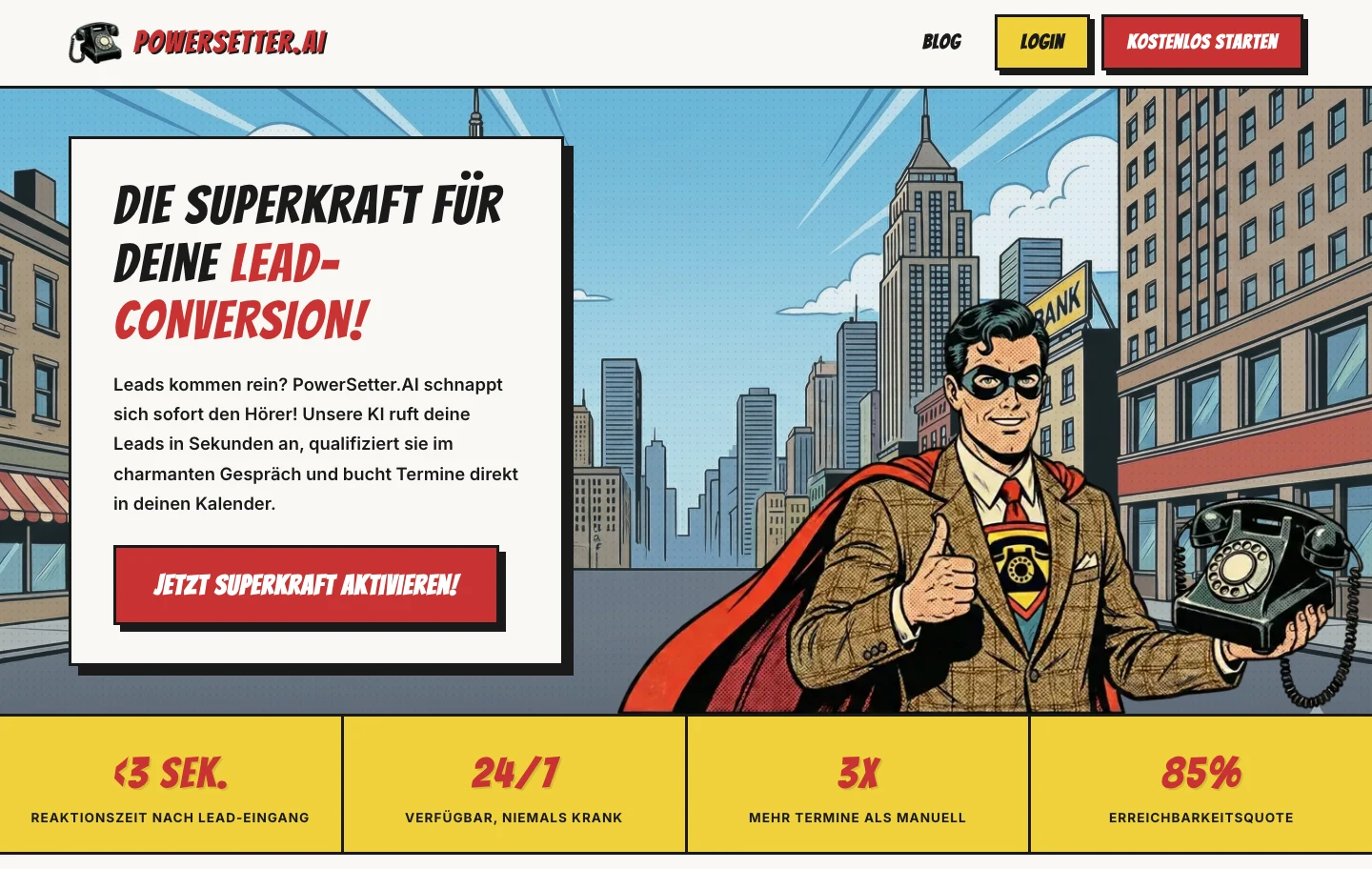 powersetter.ai-Landingpage: Comic-Held mit Telefon vor einer Stadtkulisse, darunter die Kennzahlenleiste