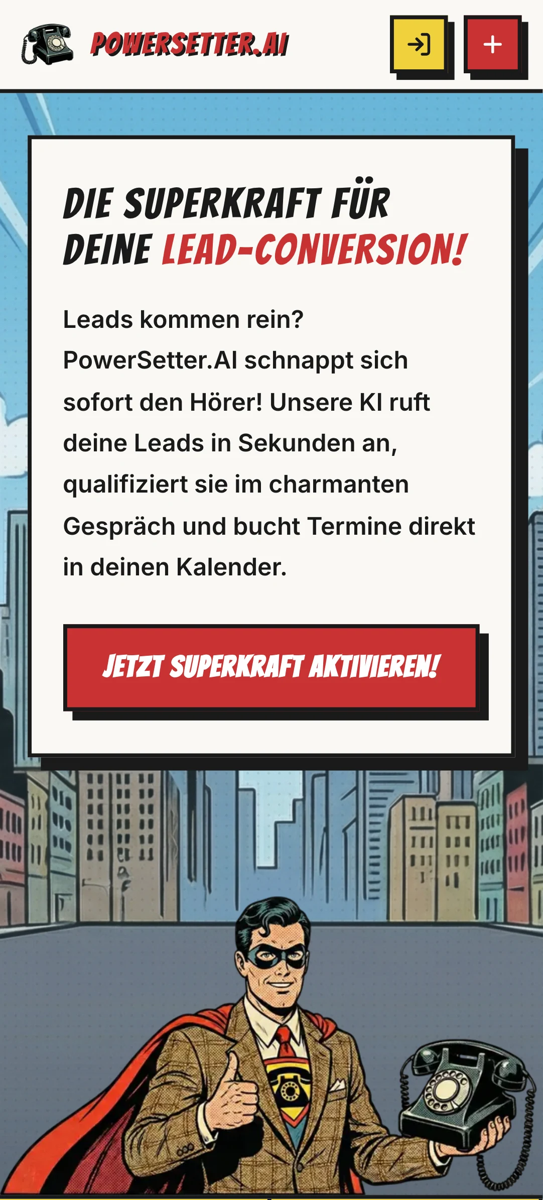 powersetter.ai auf dem Smartphone: mobile Ansicht der Landingpage mit Hero und Maskottchen