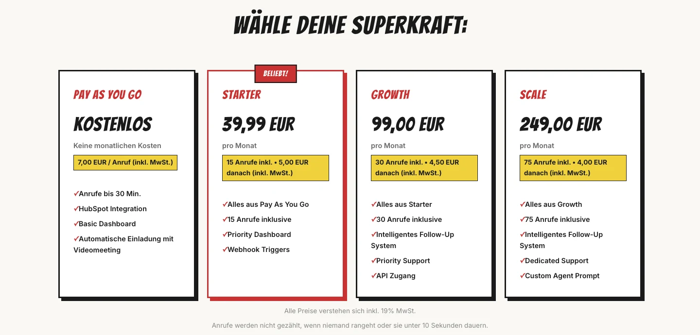 powersetter.ai-Preisseite mit vier Tarifen: Pay as you go, Starter, Growth und Scale