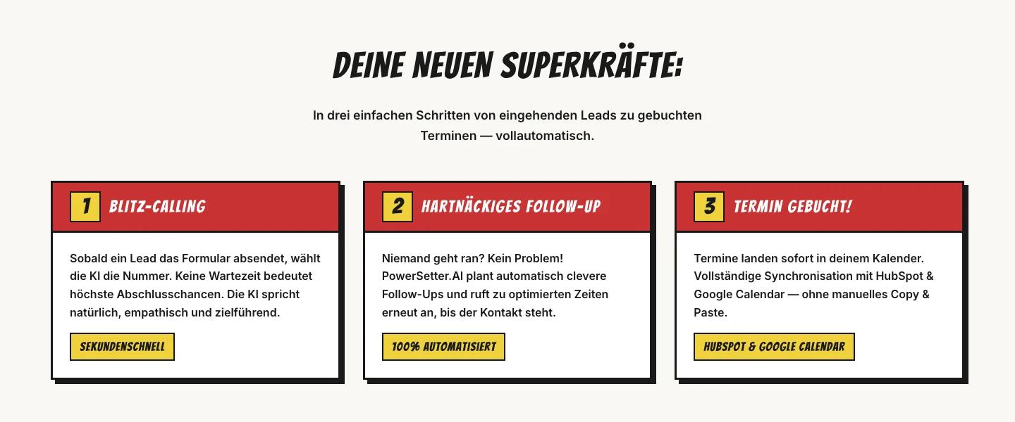 powersetter.ai: Drei-Schritte-Sektion „Deine neuen Superkräfte“ mit Blitz-Calling, Follow-up und Terminbuchung