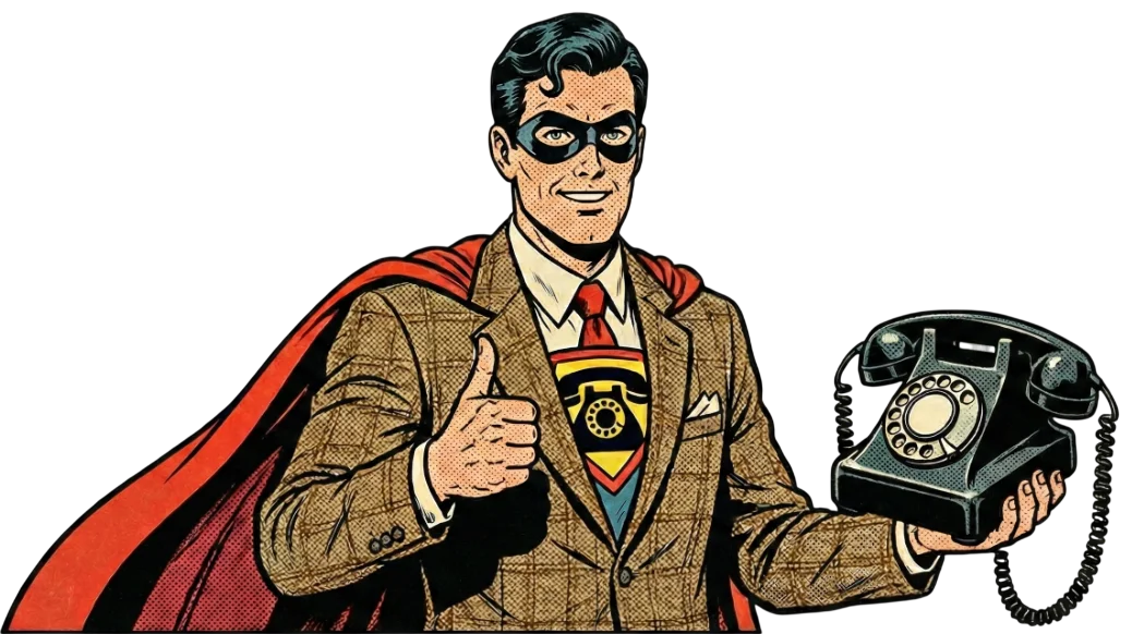 PowerSetter.AI-Maskottchen: Comic-Superheld im Anzug mit Telefon in der Hand