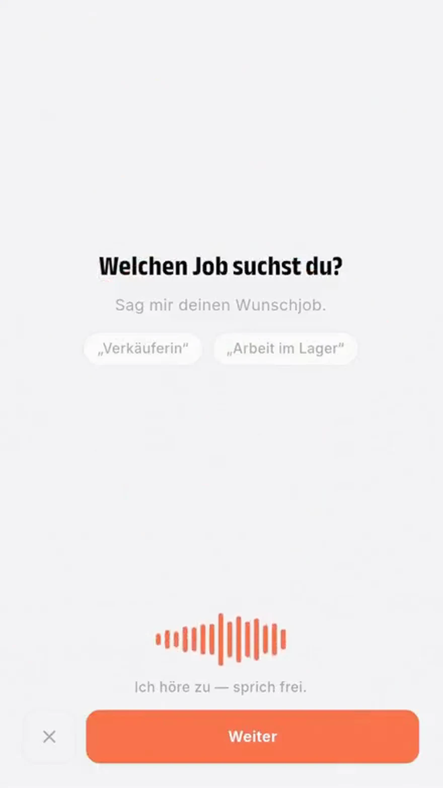 Sprachgeführtes Onboarding in der SAY!-App: „Welchen Job suchst du?“
