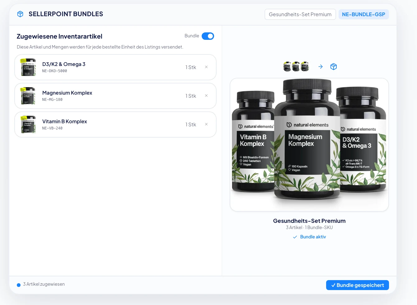 Sellerpoint bundles: assigned inventory items for a health set of three products