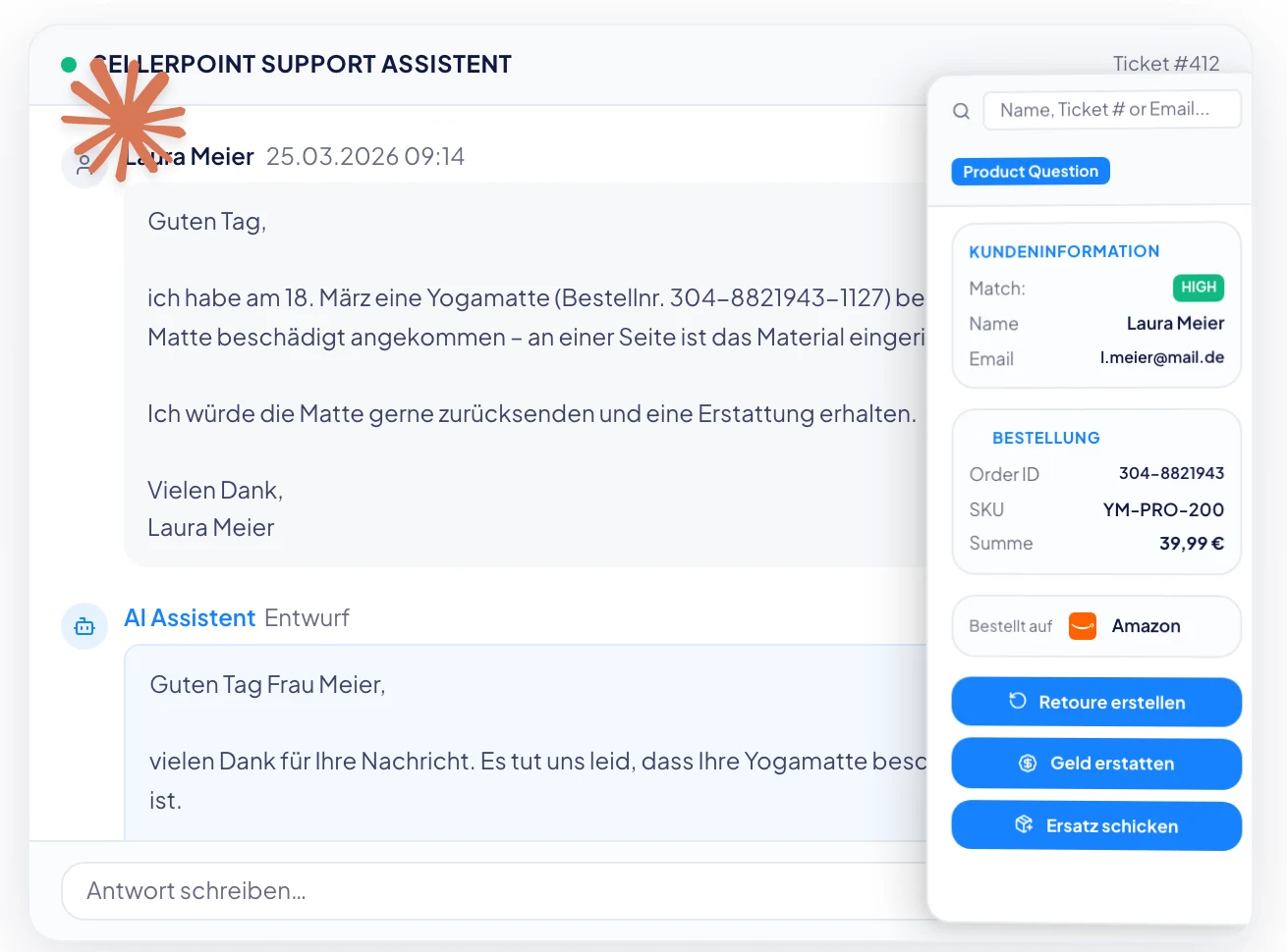 Sellerpoint support assistant: ticket with AI reply draft and matched Amazon order