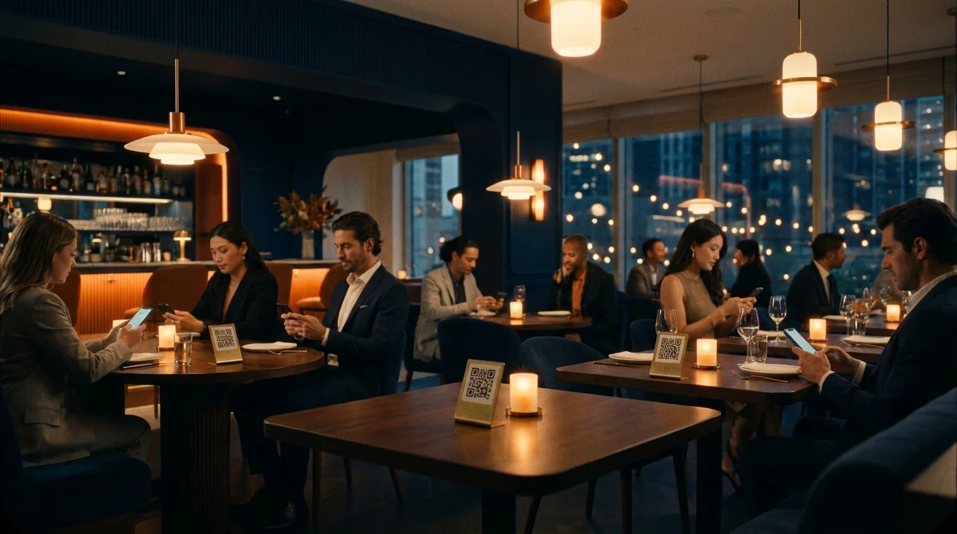 Evening restaurant scene with QR code stands on the tables and guests ordering by smartphone