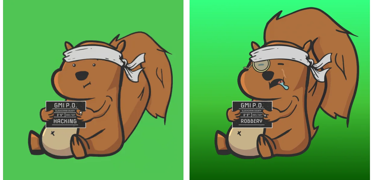 Zwei generierte Squirrels mit den Delikten „Hacking“ und „Robbery“ auf ihren Mugshot-Tafeln