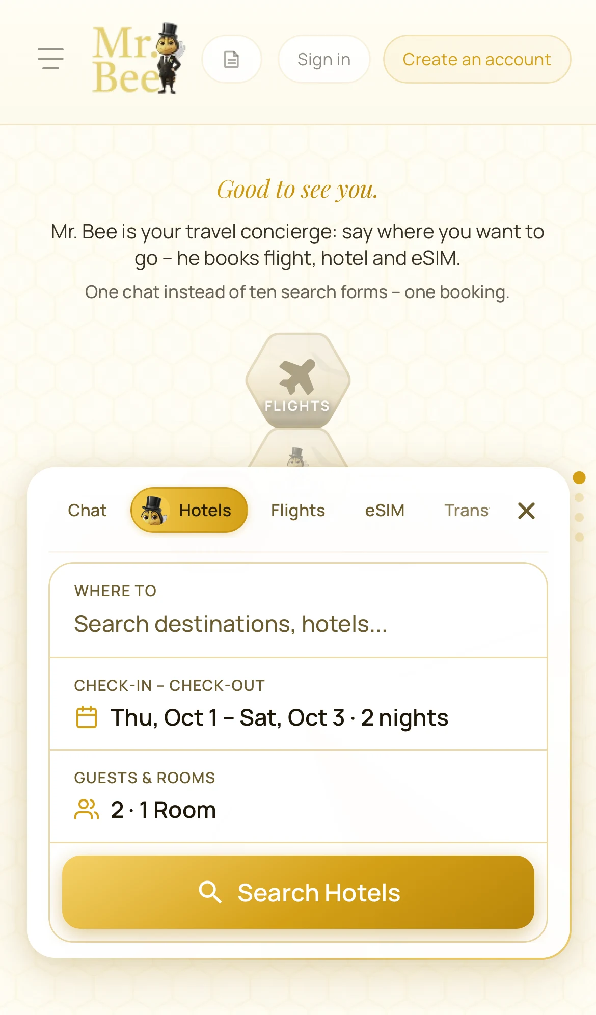 Mobile Ansicht von mrbee.ai: persönliche Begrüßung und vorbefüllte Hotelsuche mit Reisedaten und Gästeanzahl