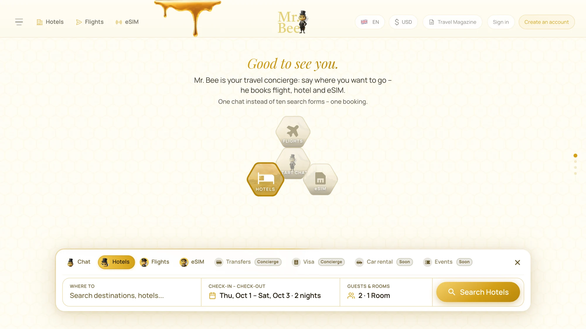 Mr. Bee — AI travel concierge, website with press logos