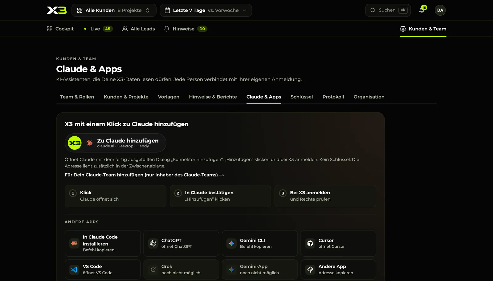 X3-Dashboard, Seite „Claude & Apps“: Knopf „Zu Claude hinzufügen“, drei Schritte zur Verbindung und weitere Apps wie Claude Code, Cursor und VS Code