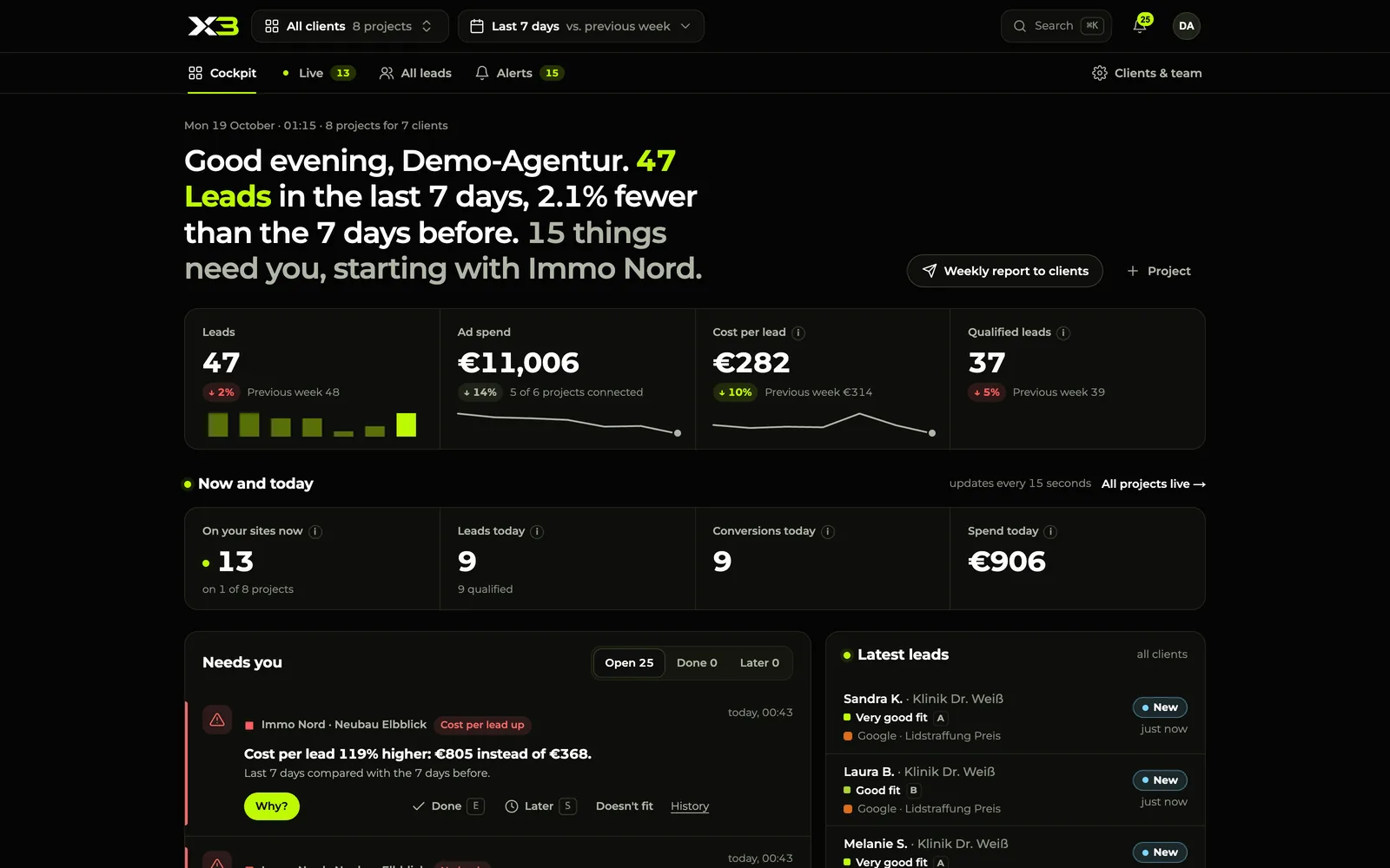 X3 agency cockpit with sample data across 8 made-up projects: 47 leads, €12,480 ad spend, and a project table with budget forecast