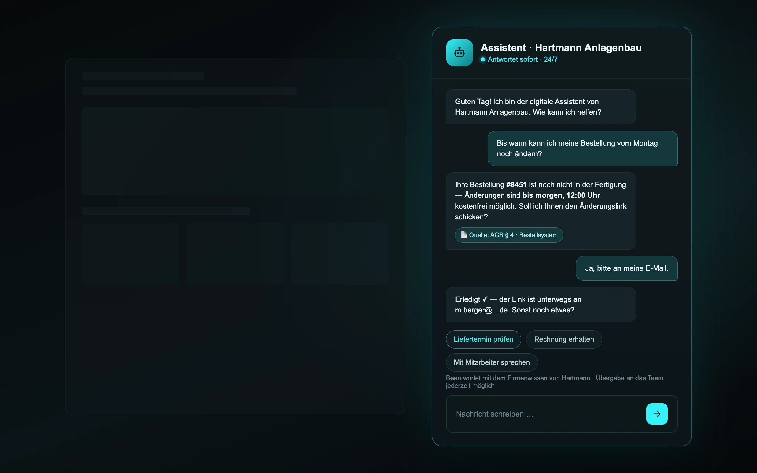 Chat window of a company chatbot with source citation