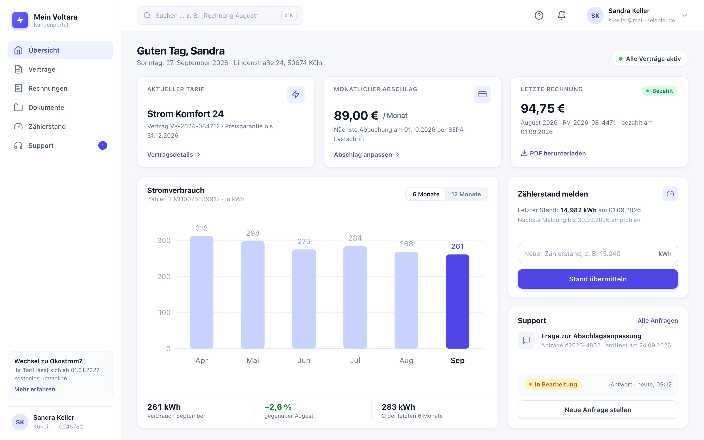 Customer portal dashboard showing booked services, invoices, and requests