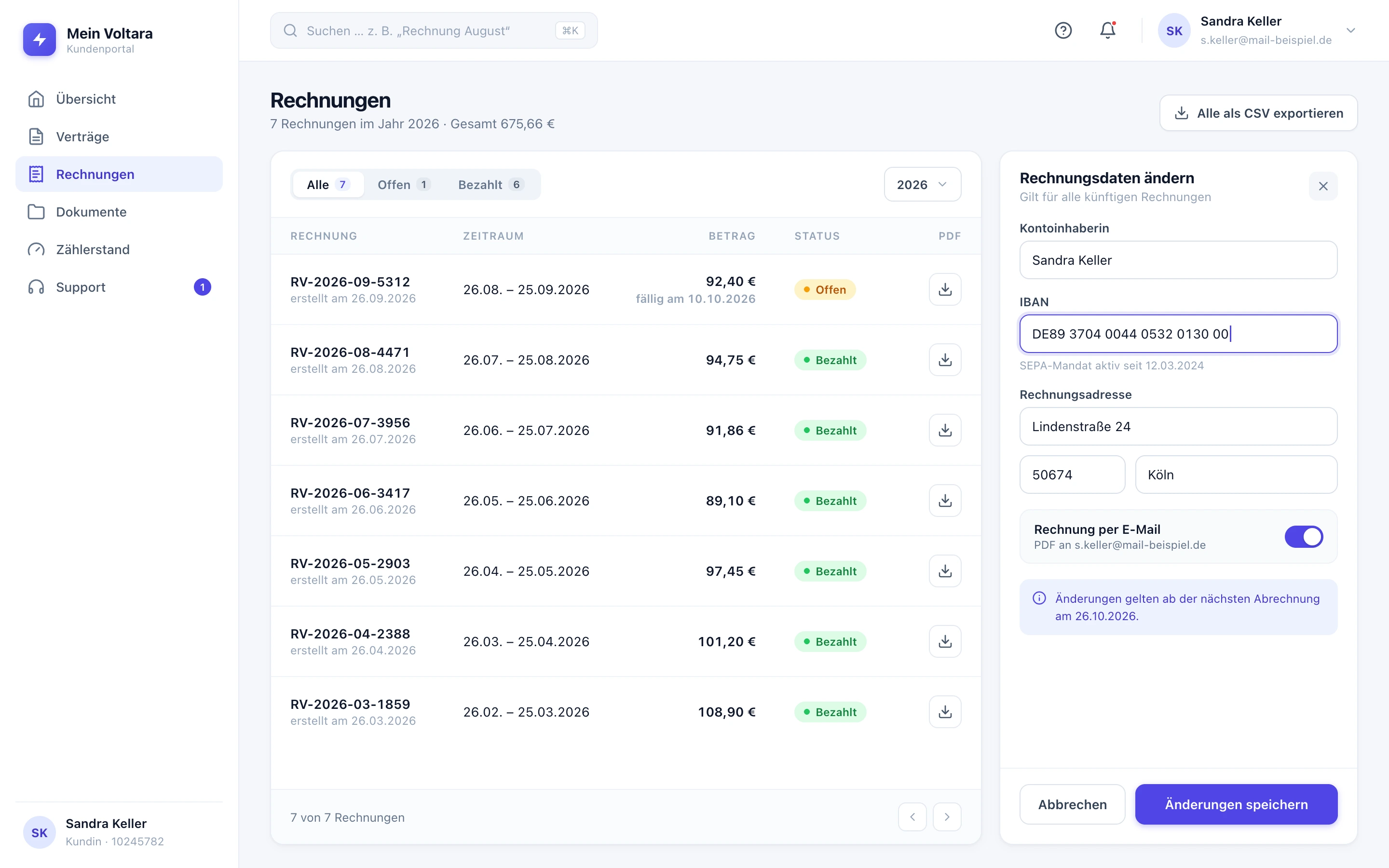 Customer portal invoice overview with PDF downloads and self-managed billing details